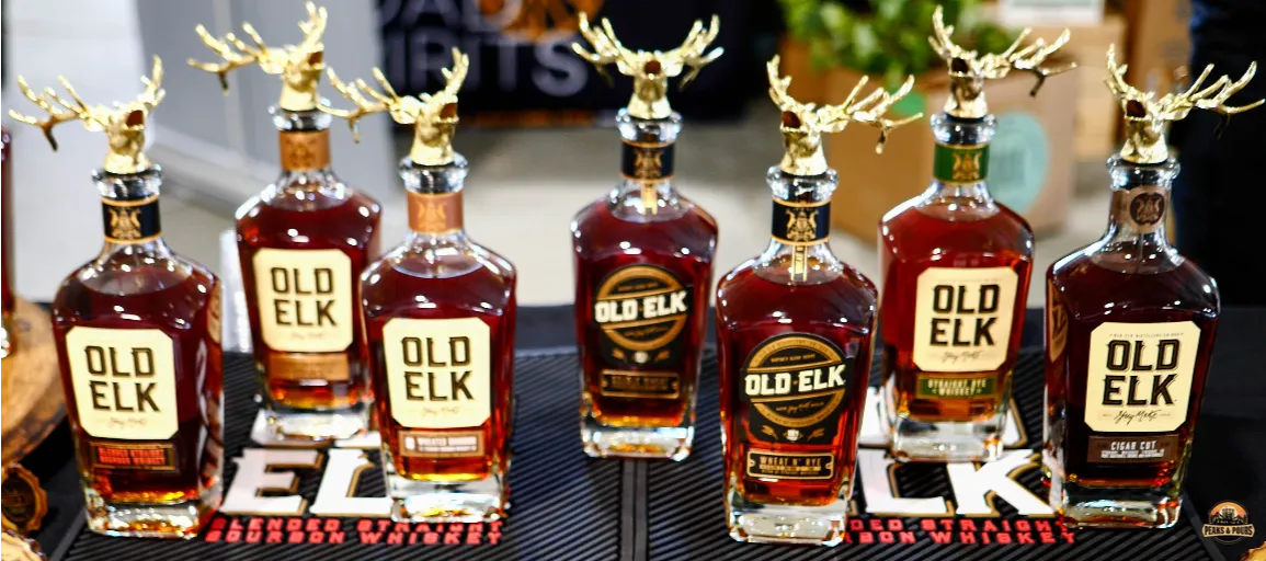 Old Elk Distillery full lineup at Peaks and Pours 2023 including Blended Straight Bourbon and Cigar Cut expressions